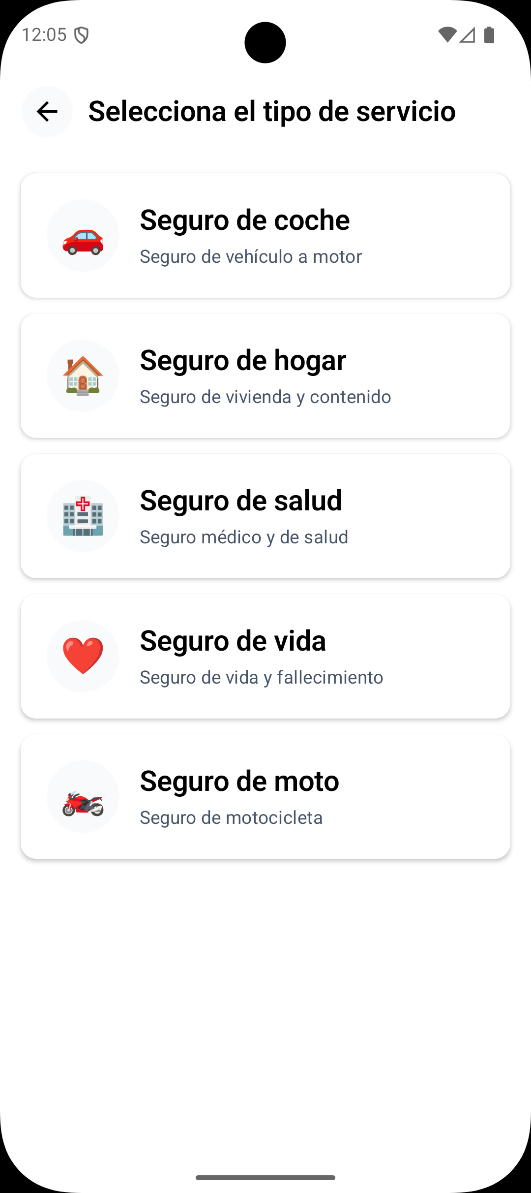 Selección de tipo de seguro en Optim: coche, hogar, salud, vida y moto