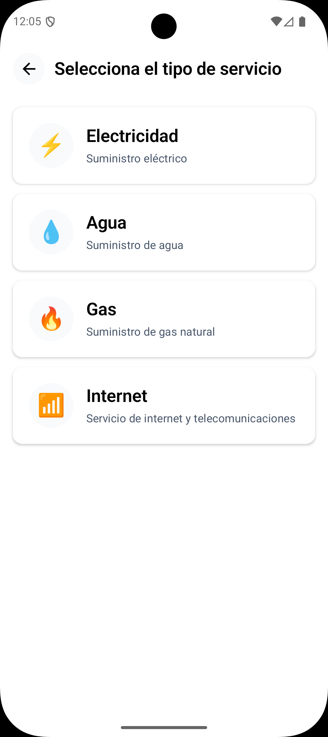 Selección de tipo de suministro en Optim: electricidad, agua, gas e internet